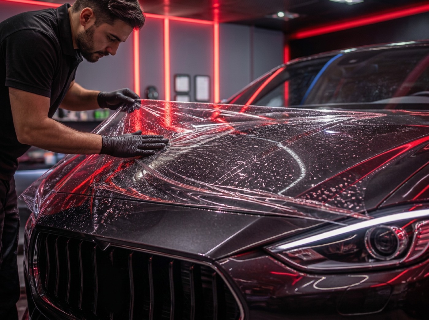 Paint protection film being applied to a car